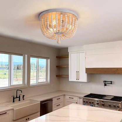 Q&S Wood Beaded Chandelier,Boho Farmhouse Light Fixture,Oak White,3 Lights,Semi Flush Mount Ceiling Light Fixtures for Hallway Baby's Nursery Bedroom Kitchen Living Room