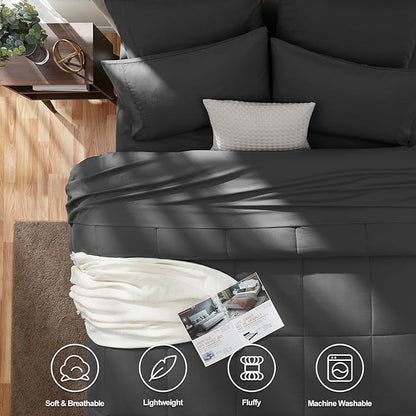 CozyLux Queen Comforter Set Dark Grey, 7 Pieces Bed in a Bag, Dark Gray Comforter Queen Size, All Season Bedding Sets with Stitch Quilted Comforter, Flat Sheet, Fitted Sheet, Pillowcases