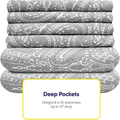 Queen Sheets Paisley Grey - 6 Piece 1500 Supreme Collection Fine Brushed Microfiber Deep Pocket Queen Sheet Set Bedding - 2 Extra Pillow Cases, Great Value, Queen, Paisley Gray