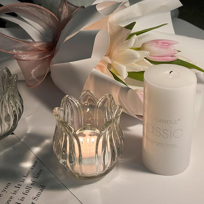 Tulip Votive Candle Holders Set of 6, Tea Light Candle Holder Glass for Table Centerpiece, Tealight Candle Holders for Wedding Déco, Birthday, Anniversary, Parties, and Holiday (Clear)