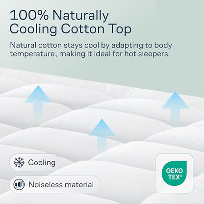 Cloud-Like Twin XL Mattress Topper - 100% Cotton Top Mattress Pad for Back Pain Relief - Breathable & Naturally Cooling for Hot Sleepers, White