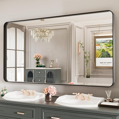 LOAAO Black Metal Framed Bathroom Mirror for Wall, Large 55X30 Inch Rounded Rectangle Mirror, Matte Black Bathroom Vanity Mirror Farmhouse, Anti-Rust, Tempered Glass, Hangs Horizontally or Vertically