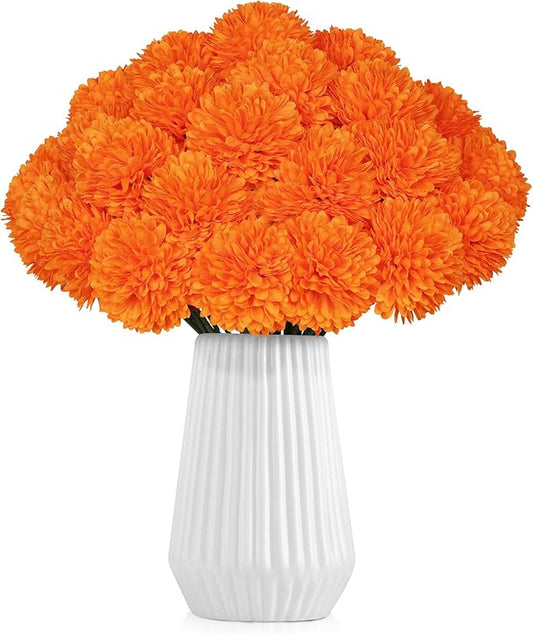 36 Pcs Artificial Chrysanthemums Flowers,Marigold Flower Fall Fake Flowers Orange Silk Mums Bouquet Decor Faux Ball Flowers for Autumn Day of Home Decor Indoor Wedding Table Centerpiece (Orange)
