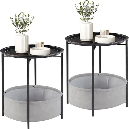 VECELO Round Side/End Table with Fabric Storage Basket，Metal Anti-Rust and Waterproof Small Bedside Nightstand with Removable Tray Top for Living Room，Balcony & Laundry，Black /2pcs with Basket