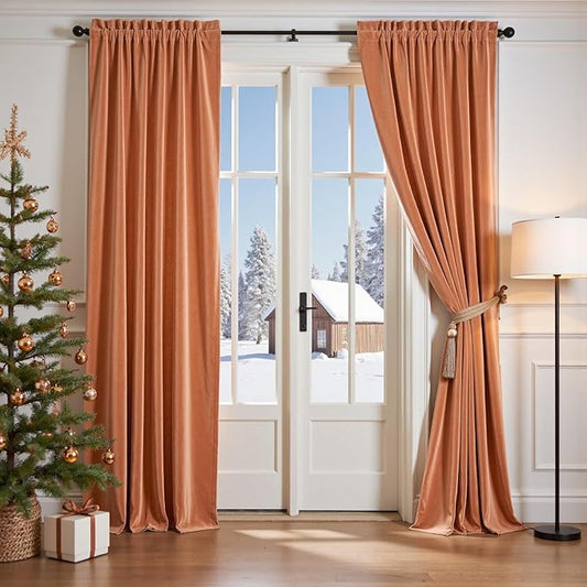 Lazzzy Velvet Blackout Curtains Thermal Insulated Room Window Drapes Super Soft Luxury Curtains for Living Room Bedroom Rod Pocket 2 Panels, Pumpkin, 52" W x 84" L