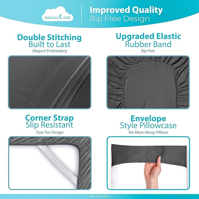 DREAMCARE Queen Size Sheets - Cooling Bed Sheets - 4pcs Set - up to 15" Deep Pocket Queen Sheet Set - Sheets Queen Size Bed - Soft & Long Lasting 100% Fine Brushed Polyester with Side Pocket - DGray