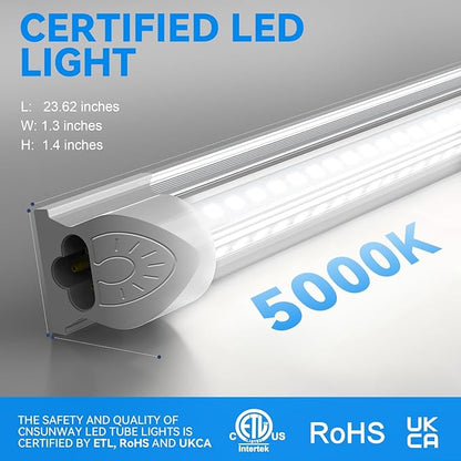 CNSUNWAY LED Shop Lights 2FT, 20W 5000K Daylight White Under Cabinet Lighting, V-Shaped Linkable T8 Tube Light Fixtures, Shop Light for Workbench, Kitchen, Workshop, ETL Listed(6 Pack)