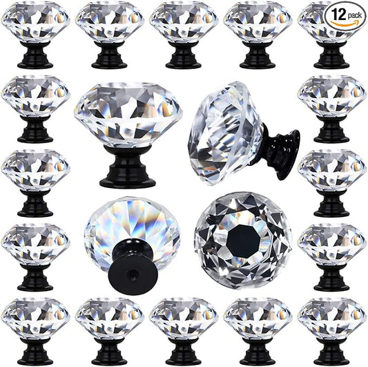 12 Packs Crystal Cabinet Knobs Drawer Pulls and Knobs Diamond Dresser Handles Crystal Pulls for Drawers - 30 mm Clear Glass Cabinet Knob with Black Base