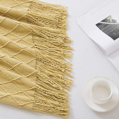 BOURINA Mustard Throw Blanket 60x80 Inches Throw Textured Solid Soft Sofa Throw Couch Knitted Decorative Blanket