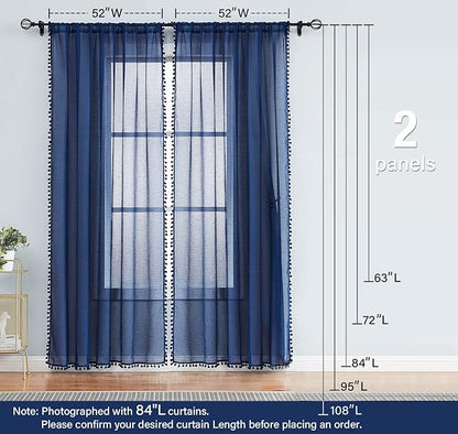 Treatmentex Pom-Pom Blue Sheer Curtains for Bedroom 63" Window Drapes Rod Pocket Textured Sheer Curtain Panels for Boy's Room Navy 52" w 2 pcs