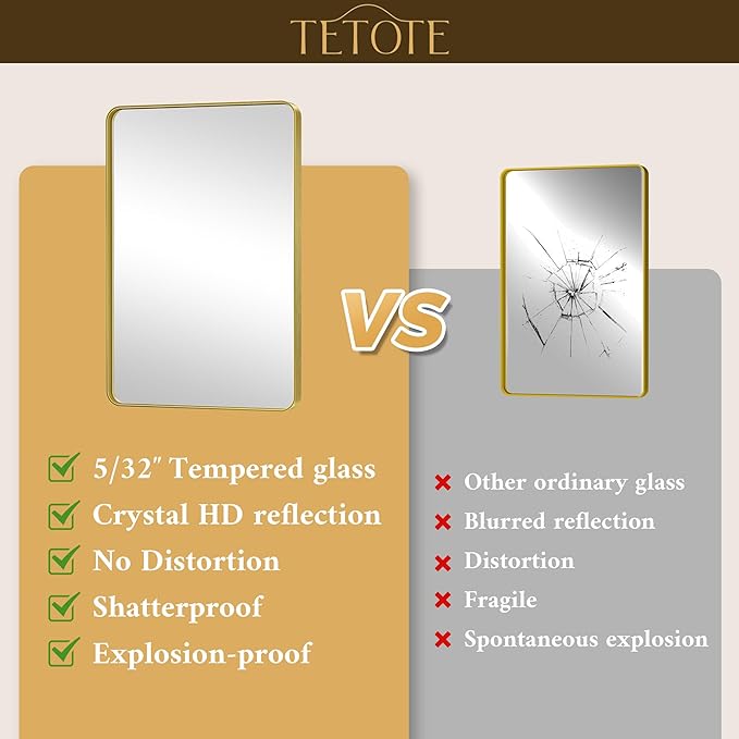 TETOTE Gold Mirror 48 x 24 Brushed Gold Metal Framed Bathroom Mirror, Tempered Glass, Modern Farmhouse Wall Mounted Mirror for Decorative(Horizontal/Vertical)