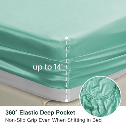 Love's cabin Satin Queen Sheets Set - 4 Piece Aqua Silky Bed Sheets with Deep Pocket, Luxury Silk Feel Satin Queen Size Sheet Set (1 Flat Sheet,1 Fitted Sheet,2 Pillow Cases)