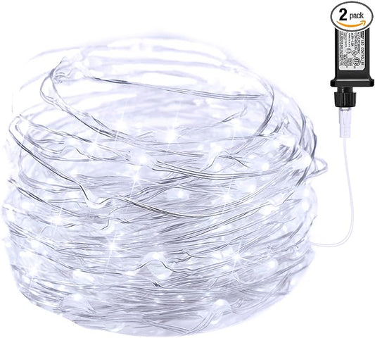 Minetom 2Pack Fairy Lights Plug in, 100 LEDs 33 Feet Firefly String Lights Waterproof Starry Lights Silver Wire for DIY Wreath Wedding Bedroom Indoor Outdoor Party Christmas Decorations, Pure White