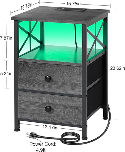 AMHANCIBLE Night Stand Set 2, LED Nightstand with Charging Station, End Tables Living Room with Fabric Drawers, Bedside Table for Bedroom, Dark Grey HET052LDG