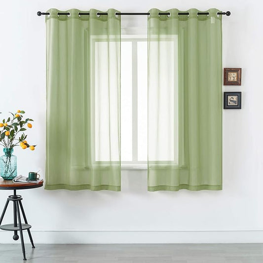DUALIFE Sage Green Sheer Curtains 45 Inch Length for Kitchen Window 2 Panels Set Home Decoration Spring Window Treatments for Living Room Bathroom Dining Room St Patric Day Decor 52X45 Inhces Long