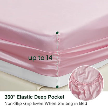 Love's cabin Satin King Sheet Sets - 4 Piece Pink Silky Sheets King Size Bed Set with Deep Pocket, Luxury Silk Feel King Size Satin Sheet Set (1 Flat Sheet,1 Fitted Sheet,2 Pillow Cases)
