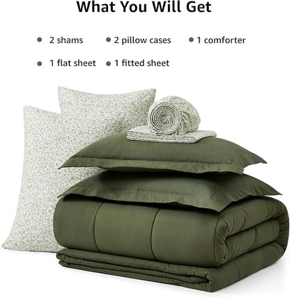 Monbix King Size Comforter Set - 7 Pieces Bed in a Bag King, Olive Green Track Stitching Bedding Sets, All Seasons Down Alternative Comforter Bed Set with Sheets, Pillowcases & Shams