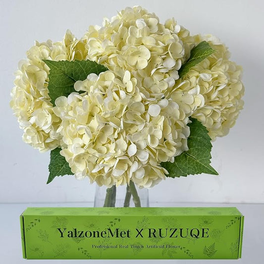 YalzoneMet 4 PCS Beige Creamy Hydrangea Artificial Flowers 21 inches Real Touch Faux Latex Hydrangea Flowers for Wedding Table Centerpieces Fake Flowers for Party Home Kitchen Fall Decor