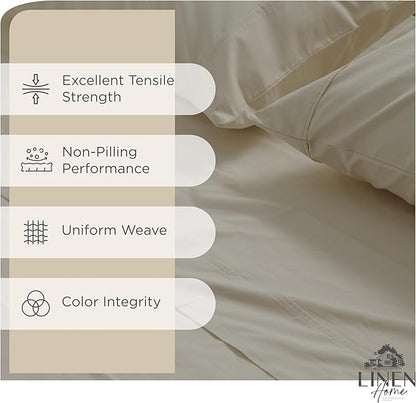 Linen Home 100% Cotton Percale Sheets King Size, Light Taupe, Deep Pocket, 4 Pieces Set - 1 Flat, 1 Deep Pocket Fitted Sheet and 2 Pillowcases, Crisp Cool and Strong Bed Linen