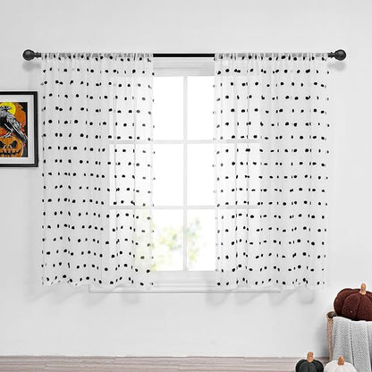 MYSKY HOME Short Pom Pom Sheer Curtains for Bedroom, Kitchen, Bathroom, Nursery, Boys Kids Room - Black, 52" x 54", Rod Pocket, 2 Panels, Halloween Small Window Curtains