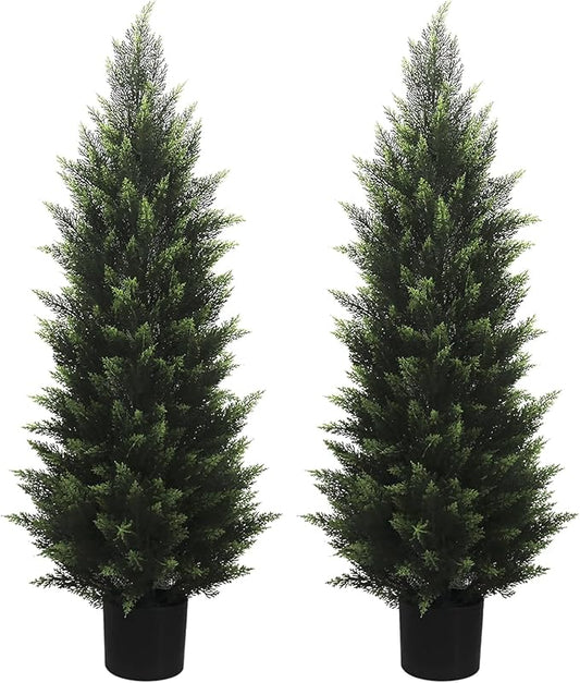 4FT Artificial Cedar Topiary Tree Lifelike Faux Cedar Pines Christmas Trees UV Rated Faux Shrubs Everygreen Plants for Front Porch Outdoor Decor Set of 2