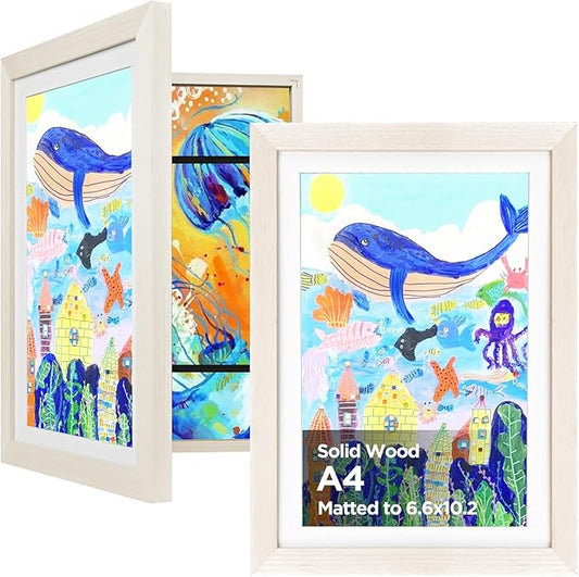 KINLINK A4 Kids Art Frames Set of 2, Solid Wood Kids Artwork Frames Changeable with Acrylic Front Opening Holds 150 Pictures 8.3x11.7, Art Frame for Kids Artwork with Mat or without Mat, White Wood
