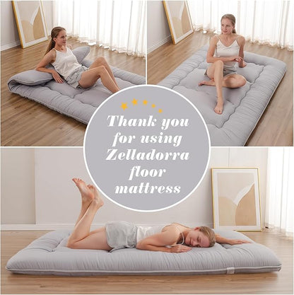 Japanese Floor Mattress, Futon Mattress with Storage Bag and Washable Cover, Roll Up Tatami Mat Suitable for Guest Room, Grey, Queen