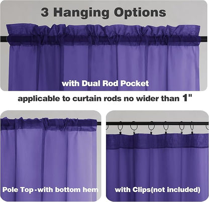 Chyhomenyc Sheer Valances for Windows 2 Pack, Small Window Curtains for Living Room Bathroom Cafe Laundry Basement, Modern Top Dual Rod Pocket Voile Curtain, 42W x 18L inches, Purple