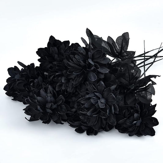Artflower 10 Pack Artificial Silk Dahlia Bouquet with Long Stem, 16” Black Fake Flower Floral Arrangements Wedding Bridal Bouquet for Halloween Harvest Festival Table Centerpieces Home Decor
