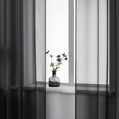 DUALIFE 72 Inches Length Black Sheer Curtains for Bedroom Set of 2 Panels Grommet Faux Linen Semi Voile Window Drapes Elegant Office Curtains for Men Living Room 52x72 Inches Long