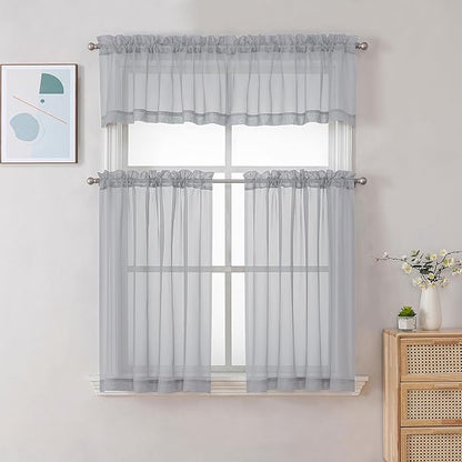 Chyhomenyc Sheer Valances for Windows 2 Pack, Small Window Curtains for Living Room Bathroom Cafe Laundry Basement, Modern Top Dual Rod Pocket Voile Curtain, 42W x 18L inches, Light Grey
