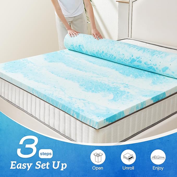Sweetcrispy Mattress Topper Full, 4 Inch Thick Memory Foam Gel Infused Cooling Toppers Pad for Full Size Bed, Sleeper Sofa, RV, Camper, CertiPUR US Certified, Ventilated and Breathable, Blue