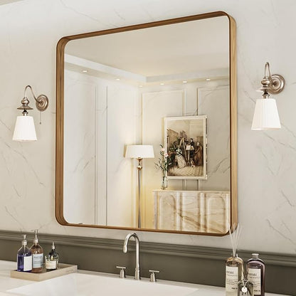 LOAAO 36X36 Inch Bathroom Mirror with Wood Grain Colored Metal Frame, Rounded Rectangle Metal Framed Bathroom Mirror, Anti-Rust, Hangs Horizontally or Vertically, Tempered Glass
