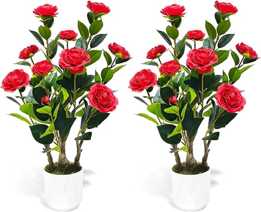 2Pack Artificial Camellia Tree, 2FT Faux Camellia Plant in Pot with Red Flowers for Spring Home Front Door Outdoor Indoor Decoration,Red
