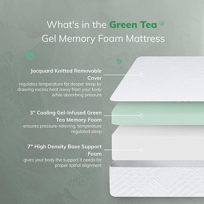 EGO White 10 inch Queen Memory Foam Mattress, Cooling Gel Green Tea Mattress Bed in a Box, CertiPUR-US Certified, Double Mattress, 60"×80", Medium Firm