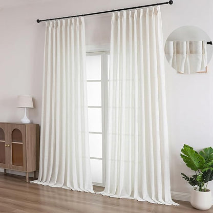 Neutral Linen Sheer Pinch Pleated Sliding Door Curtains, 2x50 Inches Width, Ivory Beige Light Filtering Drapes 102 Inches Long, Textured Farmhouse Floor to Ceiling Window Curtain Panels