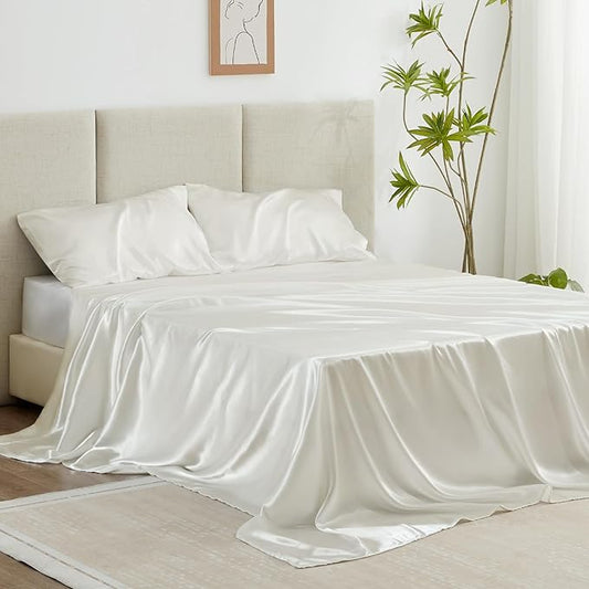 Love's cabin California King Satin Sheet Sets - 4 Piece Ivory Silky Sheets Bed Set with Deep Pocket, Luxury Silk Feel Satin Cal King Sheet Set (1 Flat Sheet,1 Fitted Sheet,2 Pillow Cases)