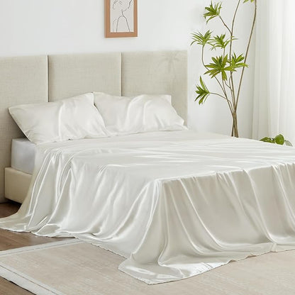 Love's cabin Twin XL Satin Sheet Sets - 3 Piece Ivory Silky Bed Sheets with Deep Pockets, Luxury Silk Feel Satin Sheet Set Twin XL (1 Flat Sheet,1 Fitted Sheet,1 Pillow case)