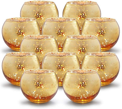 Volens Round Gold Votive Candle Holders, Mercury Glass Candle Holder Set of 12, Thanksgiving Decorations for Home