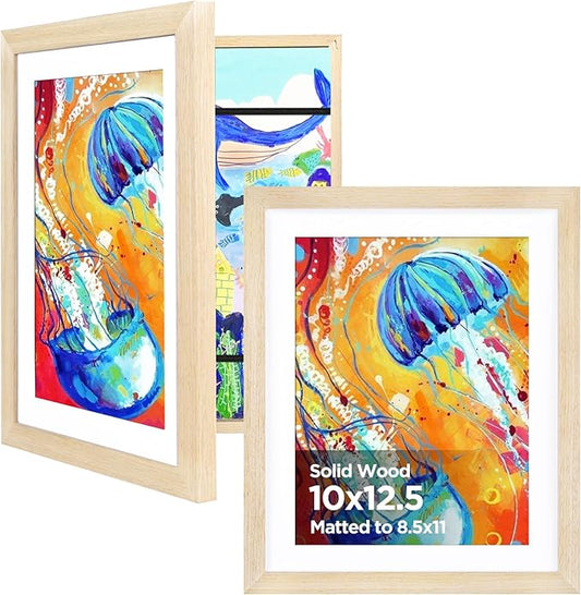KINLINK 10x12.5 Kids Art Frames Set of 2, Solid Wood Kids Artwork Frames Changeable with Acrylic Front Opening Holds 150 Pictures, Art Frame for Kids Artwork with Mat or without Mat, Natural