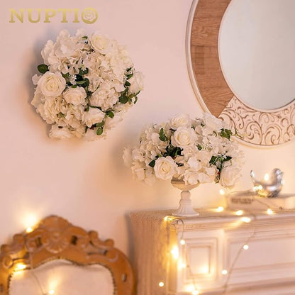 NUPTIO Flower Balls for Wedding Centerpieces - 10 Pcs 14.2 inch Diameter Fake Flower Ball Arrangement Bouquet Party Centerpieces for Tables - White Rose Bouquet Centerpiece Flowers for Wedding Table
