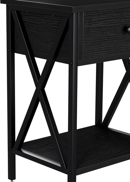 VECELO Nightstands Set of 2, Modern Bedside End Tables, Night Stands with Drawer and Storage Shelf for Living Room Bedroom, Industrial Metal Frame
