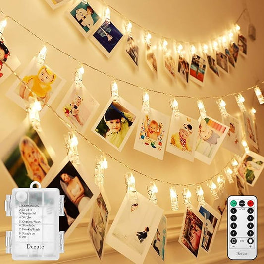 Decute 50LED Photo Clips String Lights Holder Timer Function 8 Modes Dimmable with Remote, 17FT Fairy Starry Lights for Christmas Card Bedroom Wedding Party Hanging Photos Pictures Memos, Warm White