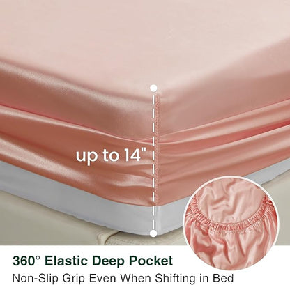 Love's cabin California King Satin Sheet Sets - 4 Piece Coral Silky Sheets Bed Set with Deep Pocket, Luxury Silk Feel Satin Cal King Sheet Set (1 Flat Sheet,1 Fitted Sheet,2 Pillow Cases)