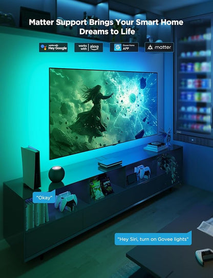 Govee HDMI 2.1 Sync Box 2, AI Sync Box with TV Backlight, Supports 8K@60Hz, 4K@144Hz, VRR and ALLM, Works with Matter and Alexa, RGBIC LED Light Strip for 75-85 inch TVs, 75 LEDs/m