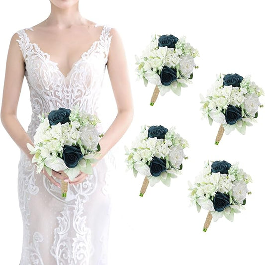 Wedding Bridesmaid Bouquet Set of 4 - Artificial Flowers Bouquets for Bridesmaids Pre-Made 7 Inch Faux Small Floral Bouquets Bridal Shower, Wedding, Ceremony, Anniversary - White Teal Blue