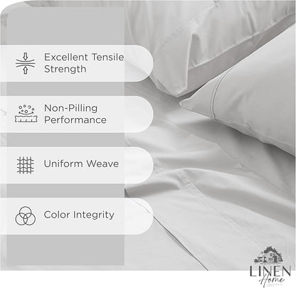 Linen Home 100% Cotton Percale Sheets Full Size, Silver, Deep Pocket, 4 Pieces Set - 1 Flat, 1 Deep Pocket Fitted Sheet and 2 Pillowcases, Crisp Cool and Strong Bed Linen