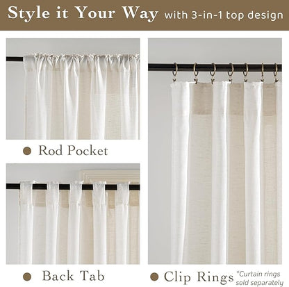 RYB HOME Linen Sheer Curtains Extra Long Window Drapes Light & Airy Translucent Panels for Bedroom Living Room, Office, Nursery, Rod Pocket Back Tab, Ivory, W 52 x L 102 inch, Set of 2