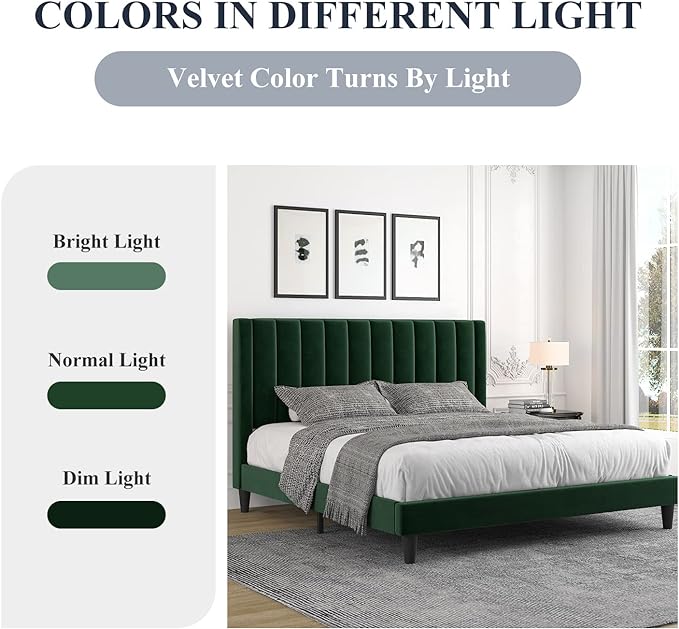 Allewie Queen Bed Frame/Velvet Upholstered Bed Frame with Vertical Channel Tufted Headboard/Strong Wooden Slats/Platform Bed Frame/Mattress Foundation/Box Spring Optional/Easy Assembly/Green