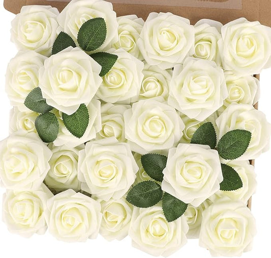 MACTING Artificial Flower Roses 30PCS Real Looking Fake Roses with Stem Ivory Foam Flowers for DIY Wedding Flower Bouquets Table Centerpieces Party Baby Shower Home Spring Mothers Day Decorations